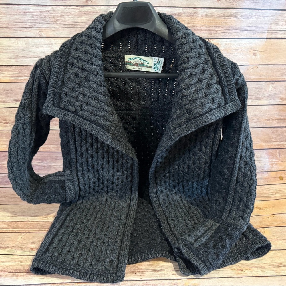 Aran Crafts Black Chunky Cable Knit Open Cardigan